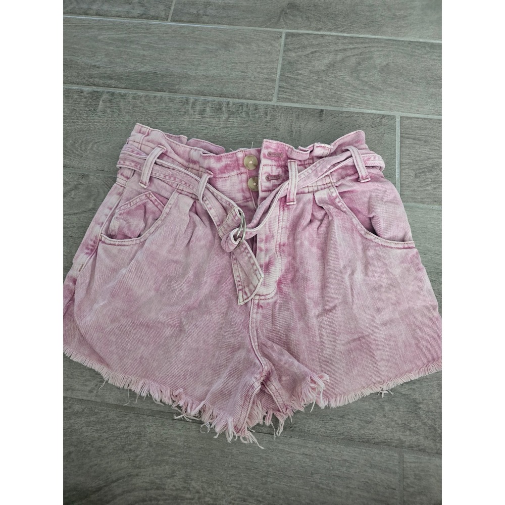 We The Free Free People Pink Acid Wash Paperbag Waist Denim Shorts XS High Rise